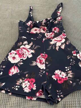 Navy Floral Tie-Front Romper with Pink Roses